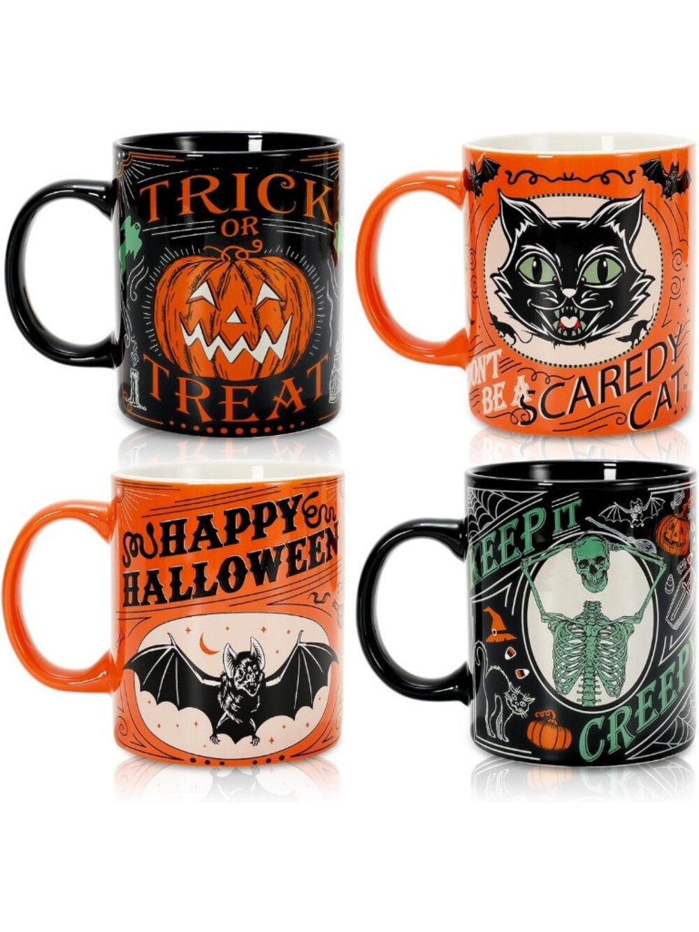 Halloween Coffee Mugs Set of 4 - Pumpkin, Black Cat, Bat & Skeleton - 12oz